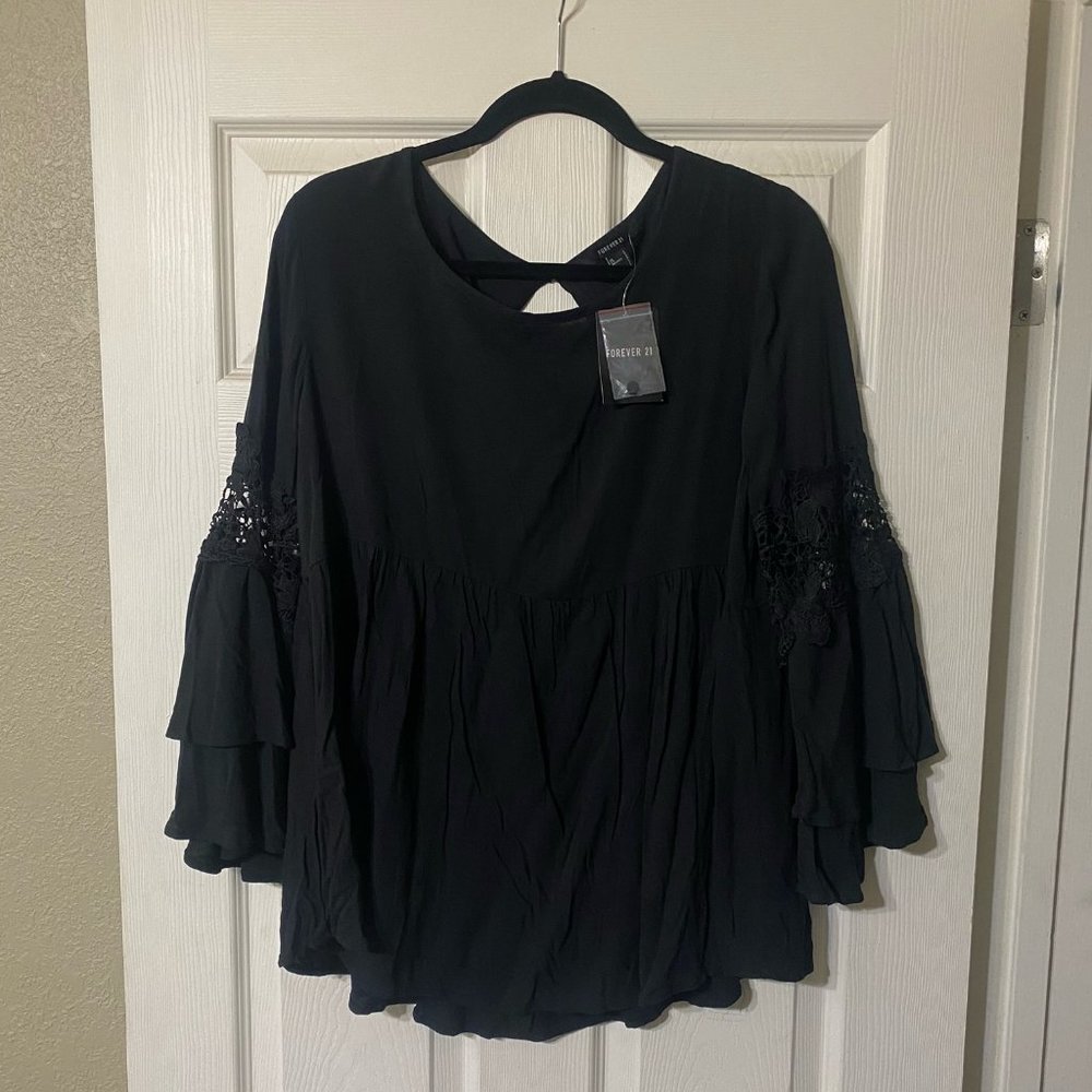 Forever 21 Black Baby Doll Blouse with Bell Sleeves & Lace